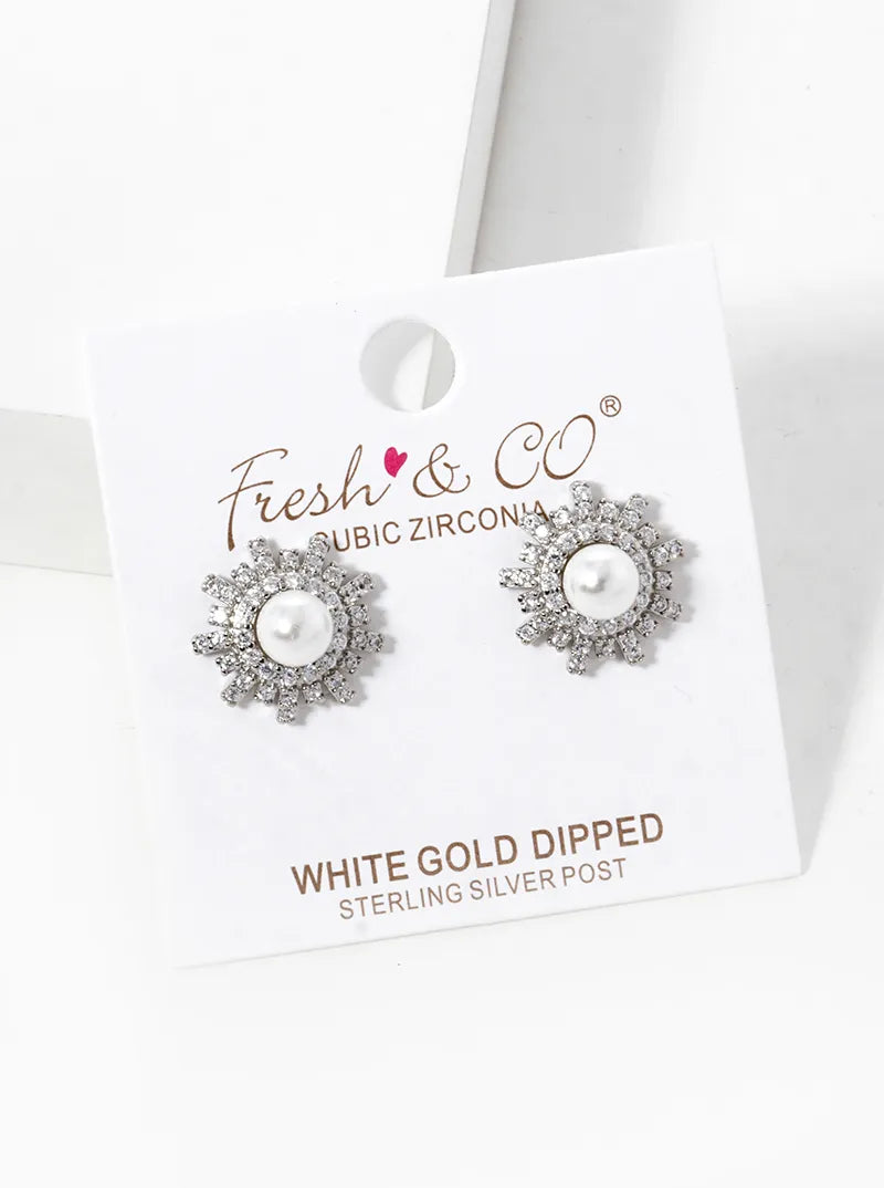 18K Gold Dipped Three-Dimensional Sunburst With Pearl Stud Earrings