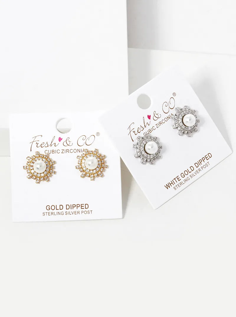 18K Gold Dipped Three-Dimensional Sunburst With Pearl Stud Earrings