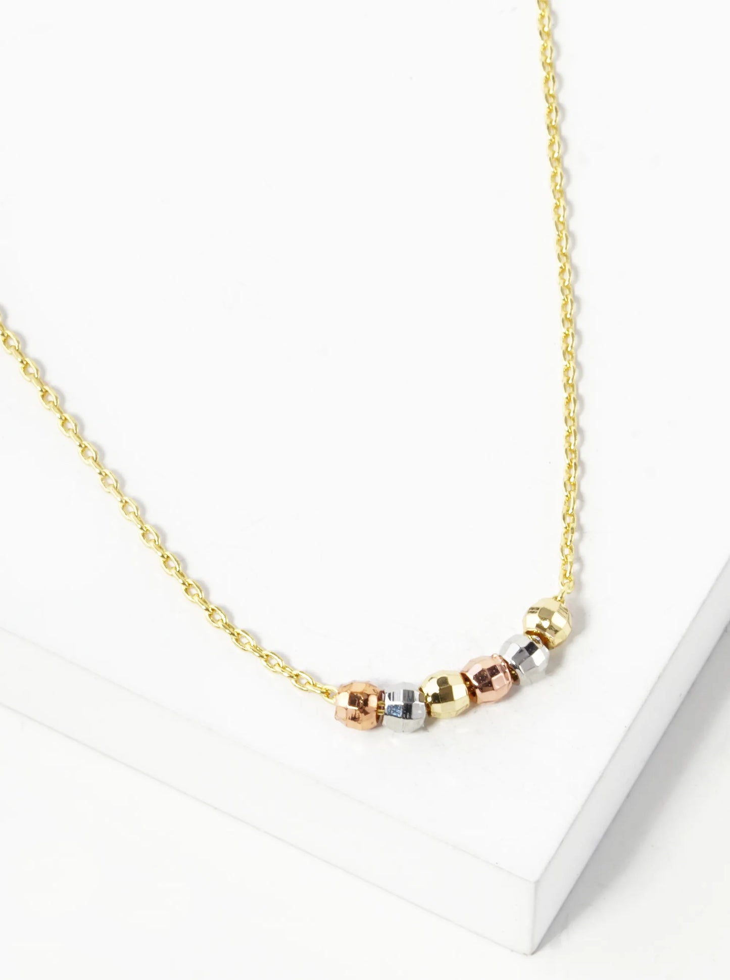 White Gold Dipped Tri Color Textured Beads Pendant Delicate Necklace