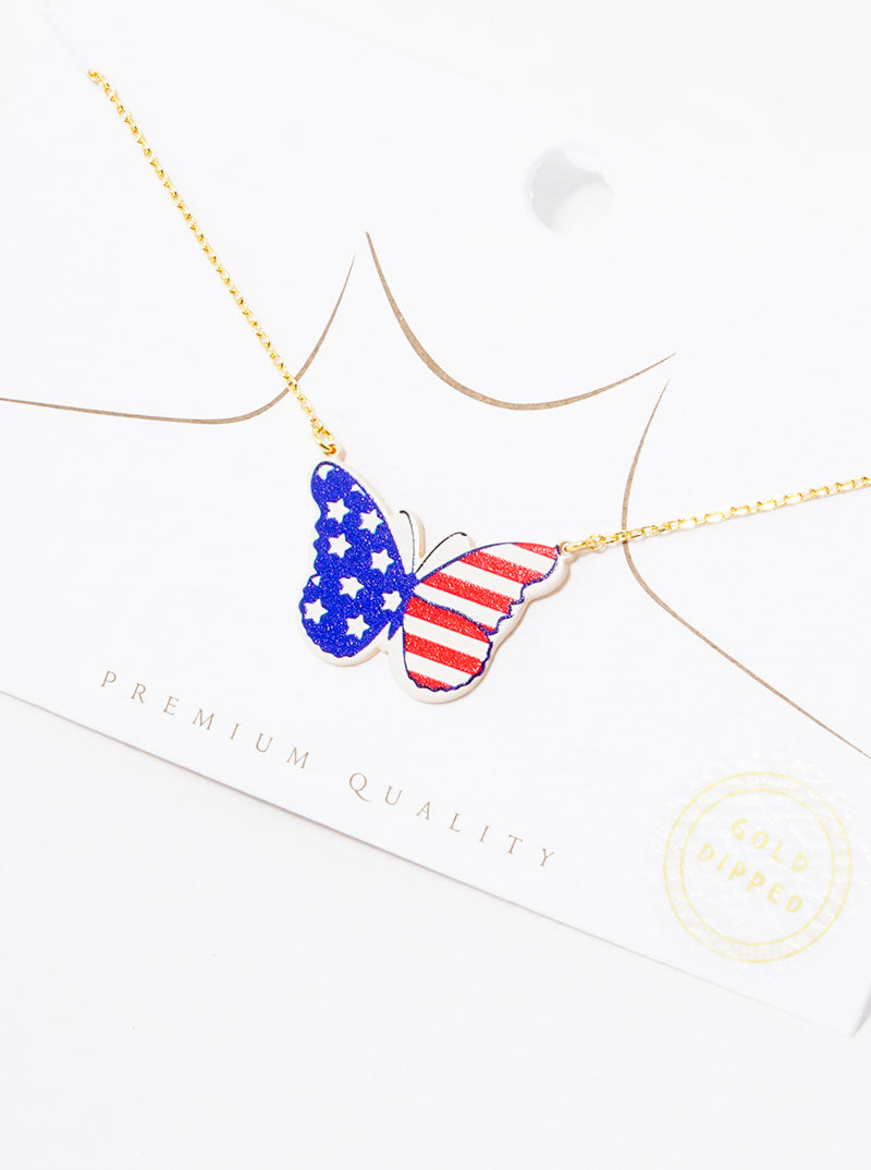 18K Gold Dipped US Flag Printed Butterfly Pendant Necklace