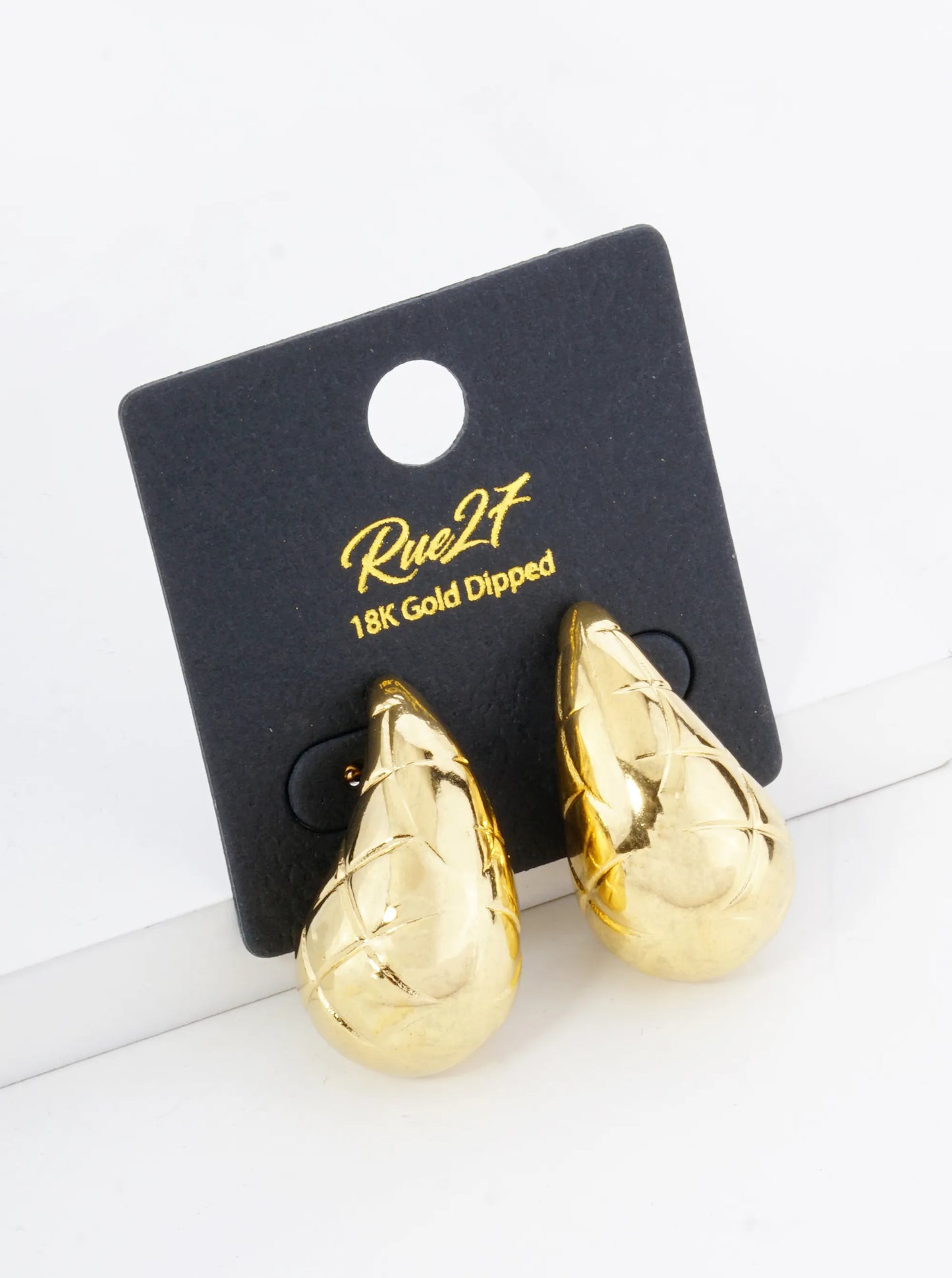 18K Gold Plated Stainless Steel 25mm Textured Puffy Teardrop Stud Earrings