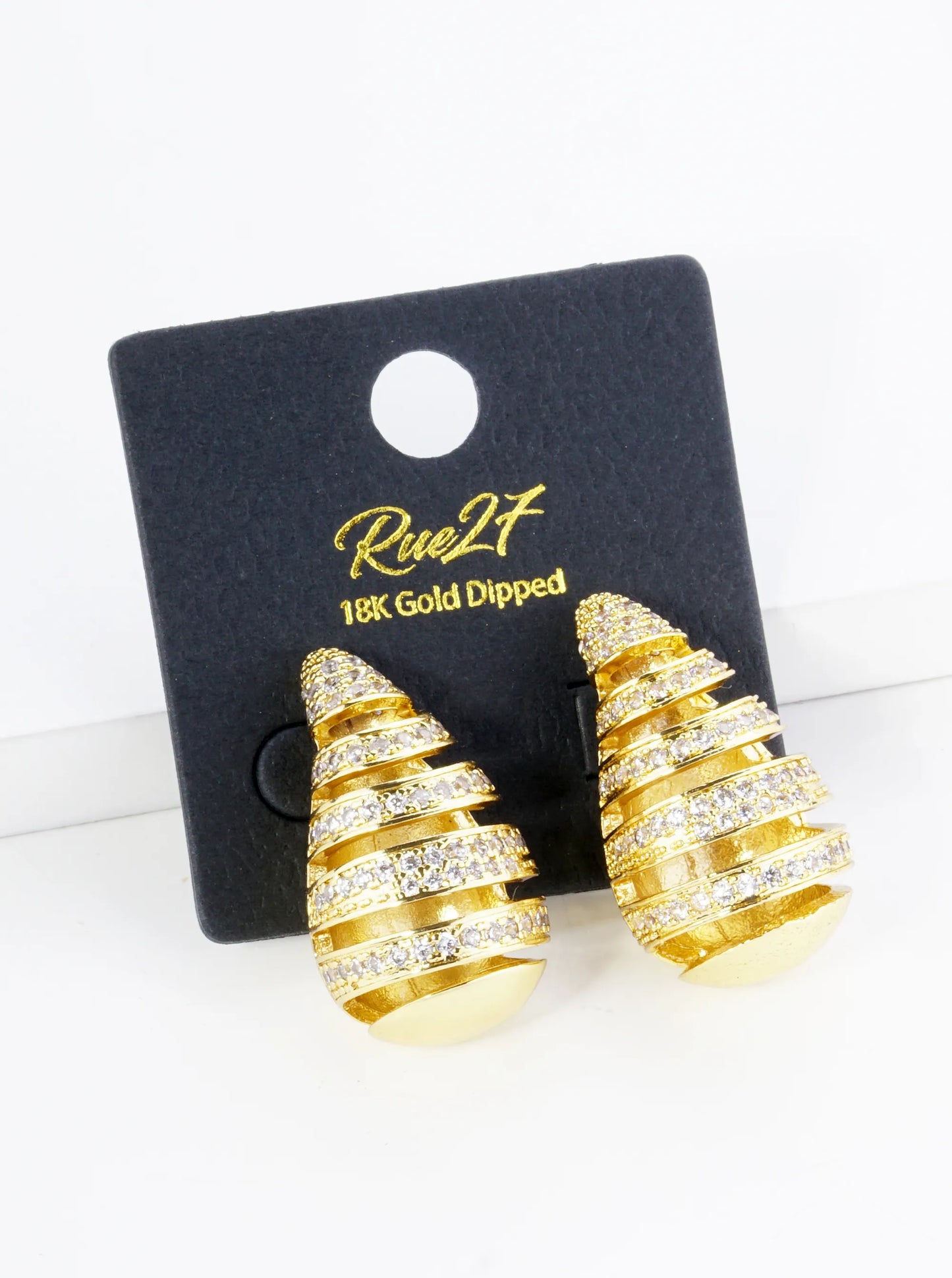 18K Gold Plated Stainless Steel Pave Set CZ 25mm Puffy Teardrop Stud Earrings