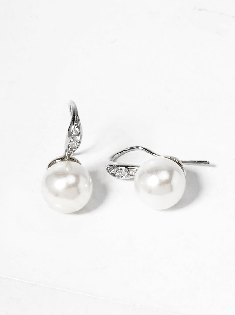 White Gold Dipped CZ Pave Round Glass Pearl Post Stud Earrings
