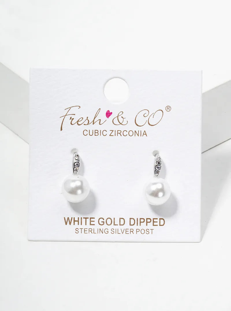 White Gold Dipped CZ Pave Round Glass Pearl Post Stud Earrings