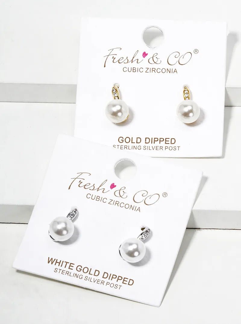 White Gold Dipped CZ Pave Round Glass Pearl Post Stud Earrings