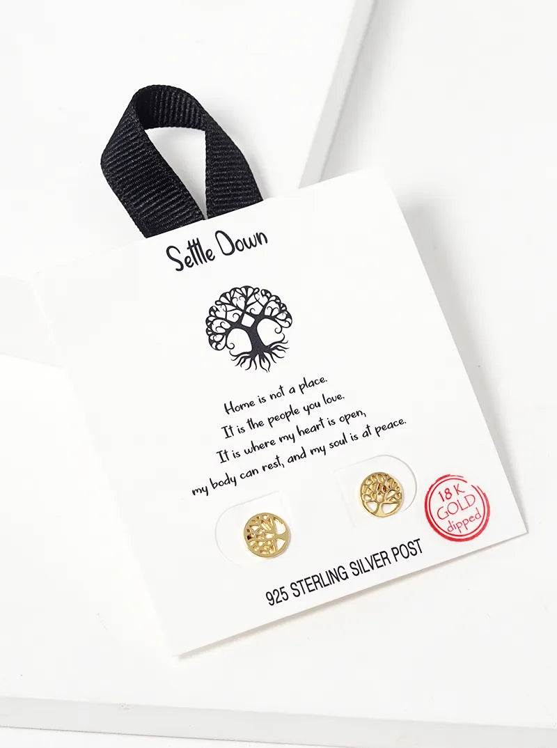 18K Gold Dipped Tree Of Life Sterling Silver Post Stud Earrings