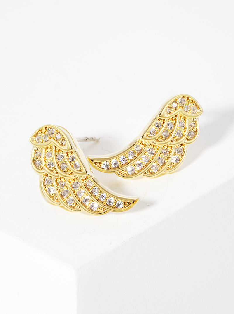 18k Gold Dipped 15mm Angel Wings CZ Pave Sterling Silver Post Stud Earrings
