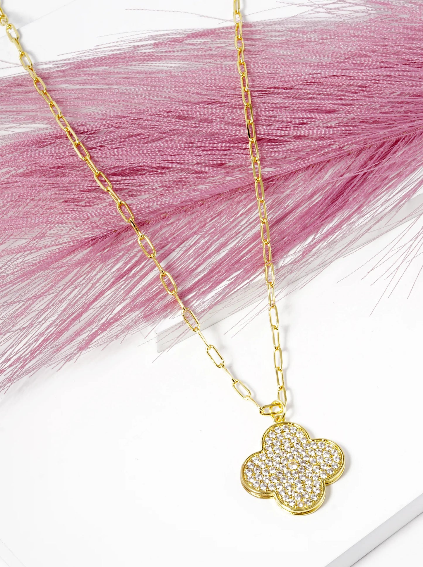 White Gold Dipped 18 Inch CZ Pave Quatrefoil Pendant Necklace