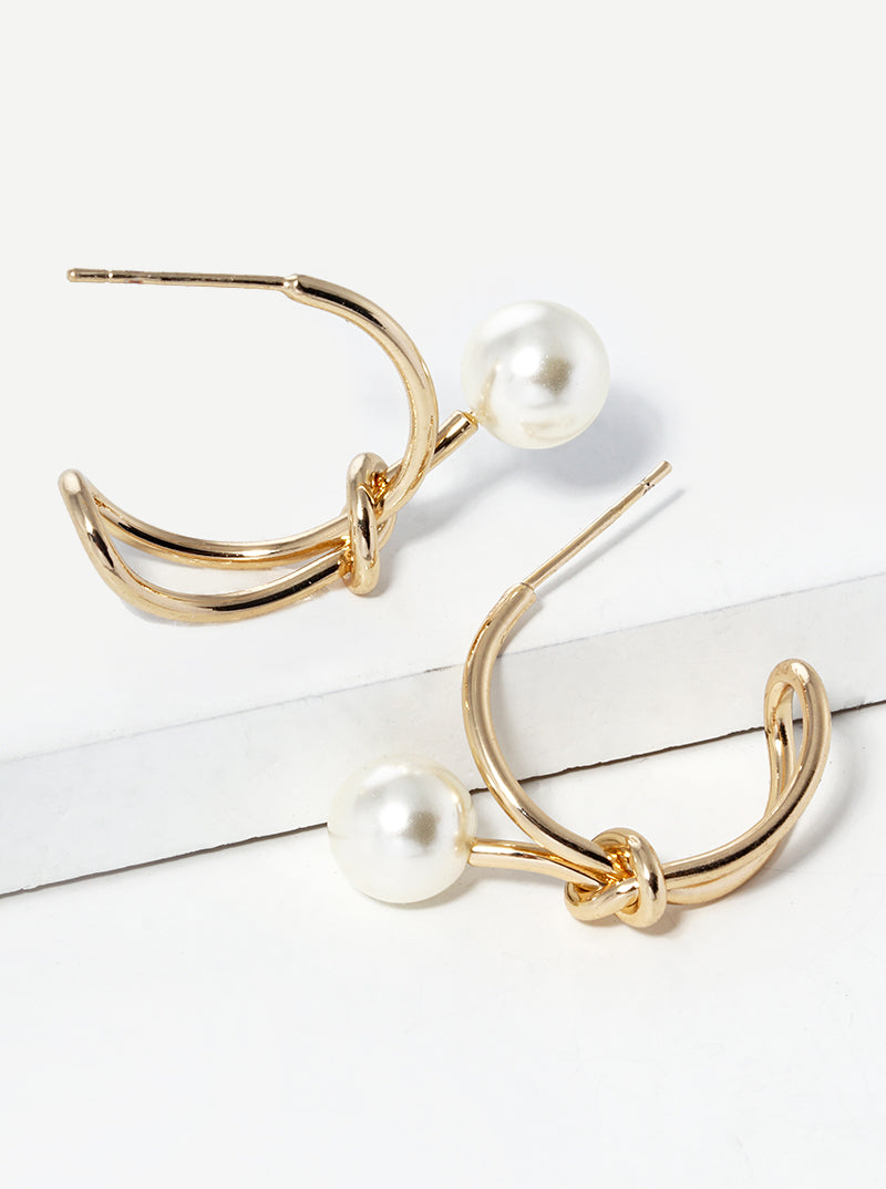 White Gold Dipped 20mm Love Knot Open Hoop Earrings With Pearl