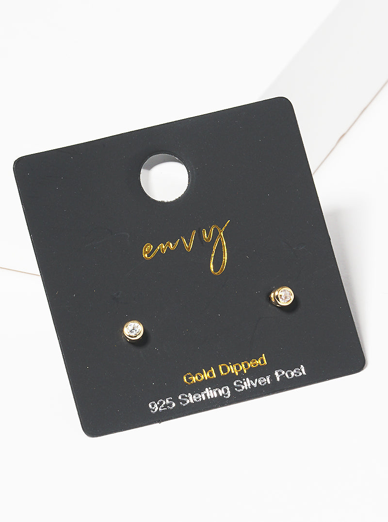 18k Gold Dipped 2mm Round Bezel CZ Sterling Silver Post Stud Earrings