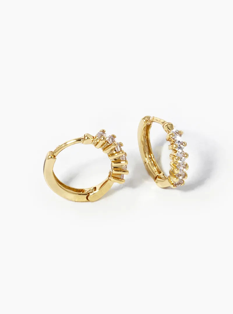 White Gold Dipped 6 CZ Stone Pave 11mm Huggie Hoop Earrings