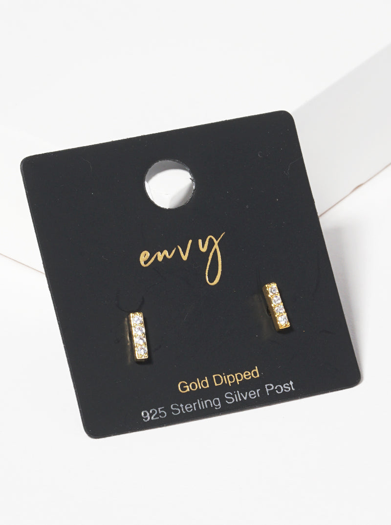 18k Gold Dipped 6mm CZ Dainty Bar Sterling Silver Post Stud Earrings
