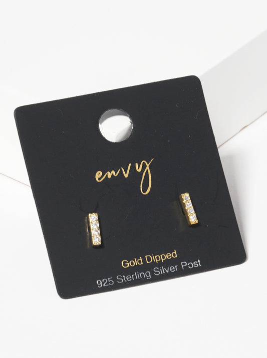 18k Gold Dipped 6mm CZ Dainty Bar Sterling Silver Post Stud Earrings