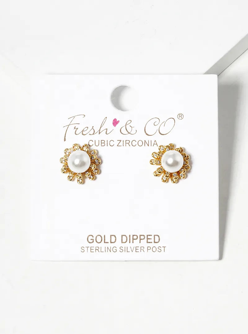 18k Gold Dipped 6mm Pearl Flower Post Stud Earrings