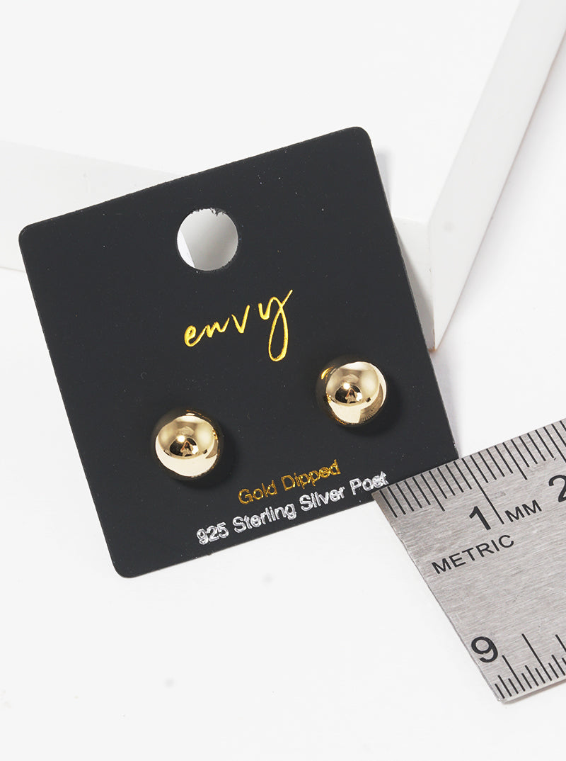 18k Gold Dipped 8mm Brass Ball Sterling Silver Post Stud Earrings