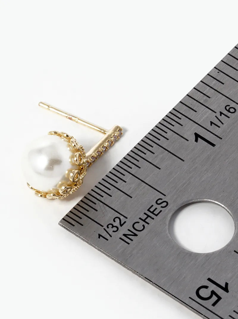 18k Gold Dipped 8mm Pearl Bead Drop CZ Pave Bar Post Earrings