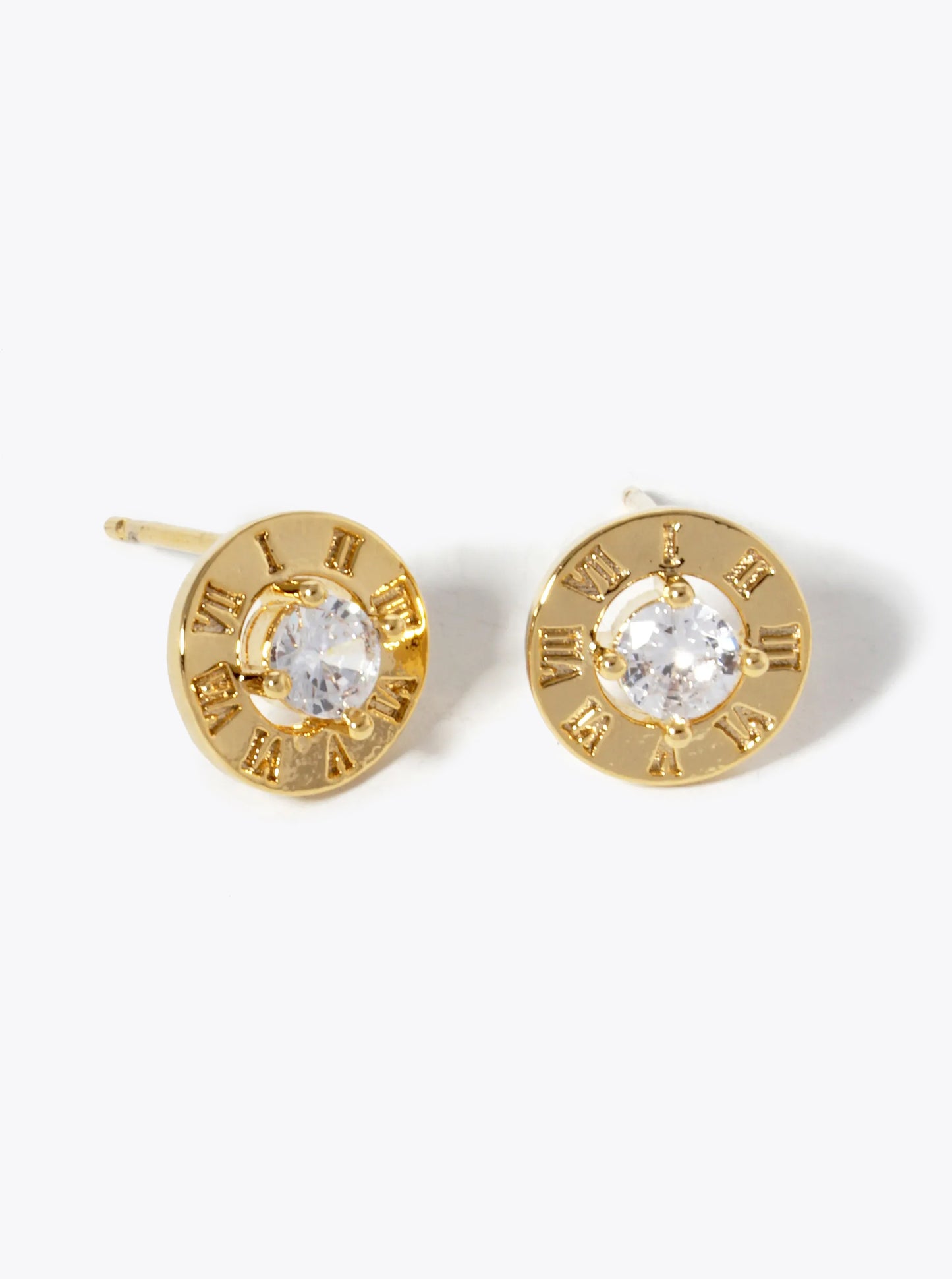 18k Gold Dipped 9mm Roman Numerals Engraved CZ Stud Earrings