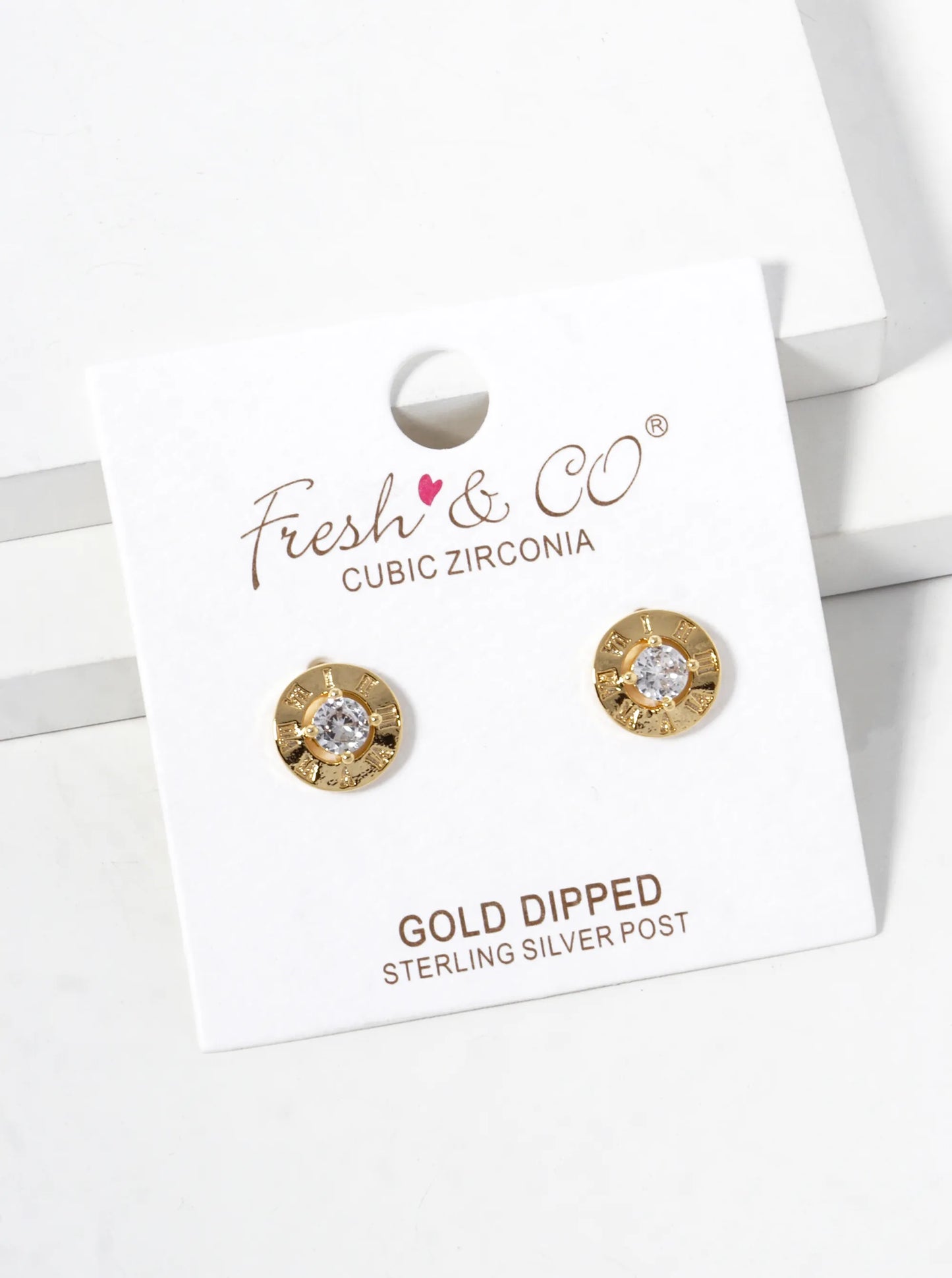 18k Gold Dipped 9mm Roman Numerals Engraved CZ Stud Earrings