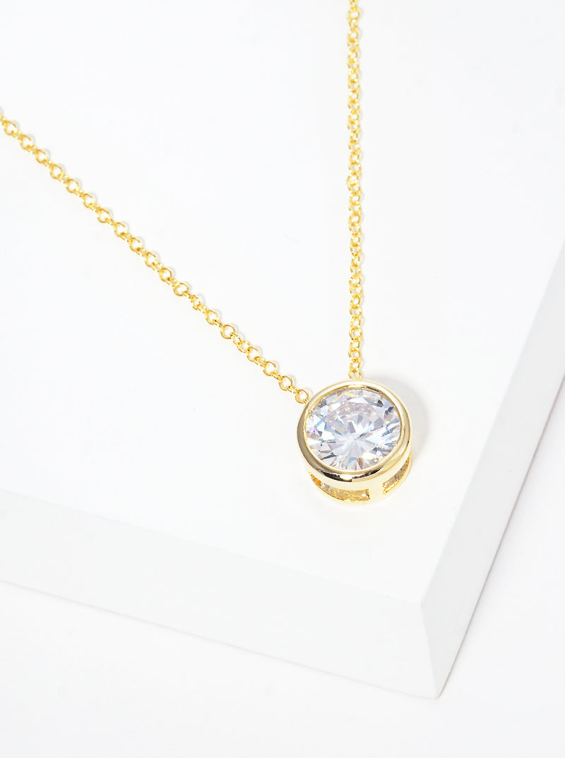 White Gold Dipped 9mm Round Bezel CZ Stone Pendant Brass Necklace