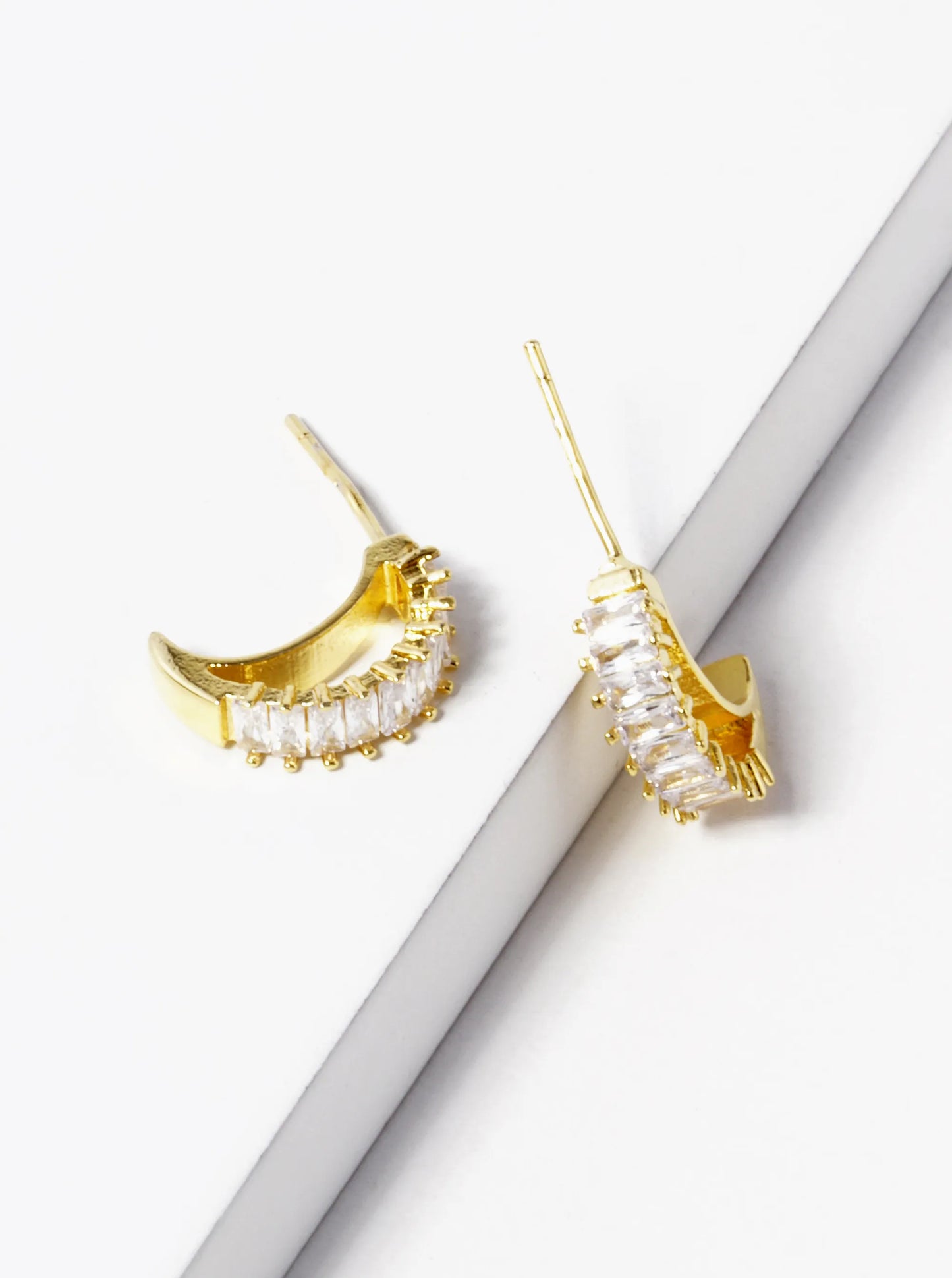 White Gold Dipped Baguette CZ 13mm Crescent Moon Hoop Earrings