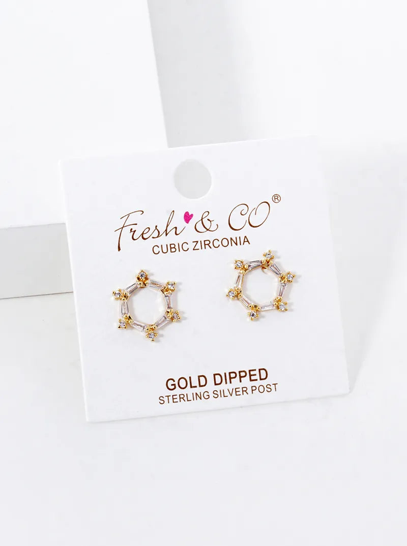 18k Gold Dipped Baguette CZ Hexagon Stud Earrings