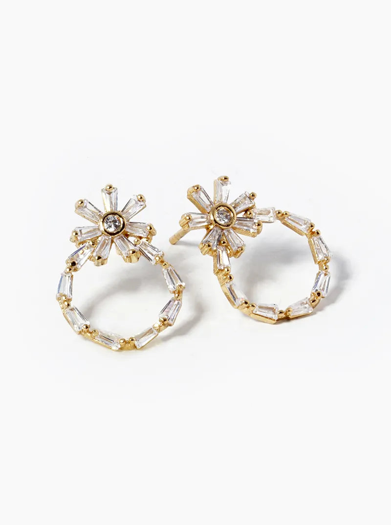 White Gold Dipped Baguette CZ Pave Circle Drop Flower Stud Earrings