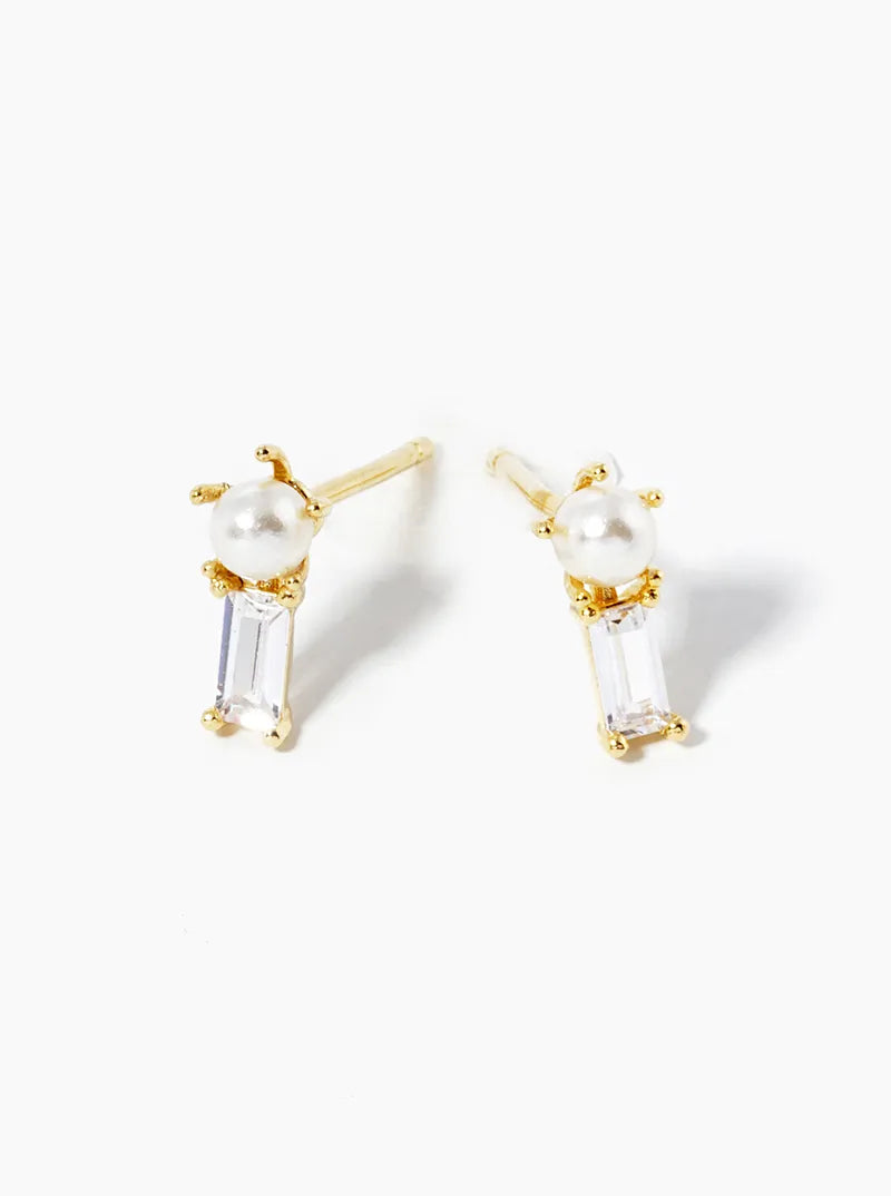 White Gold Dipped Baguette CZ And Pearl Post Stud Earrings