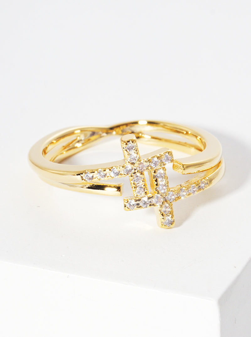 White Gold Dipped CZ Cross Adjustable Cuff Ring