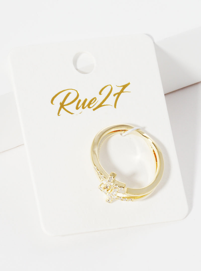 18k Gold Dipped CZ Cross Adjustable Cuff Ring