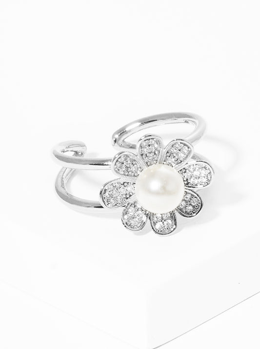18k Gold Dipped CZ Flower Acrylic Pearl Adjustable Cuff Ring