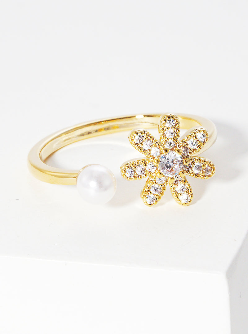 White Gold Dipped CZ Flower And Glass Pearl Adjustable Cuff Ring