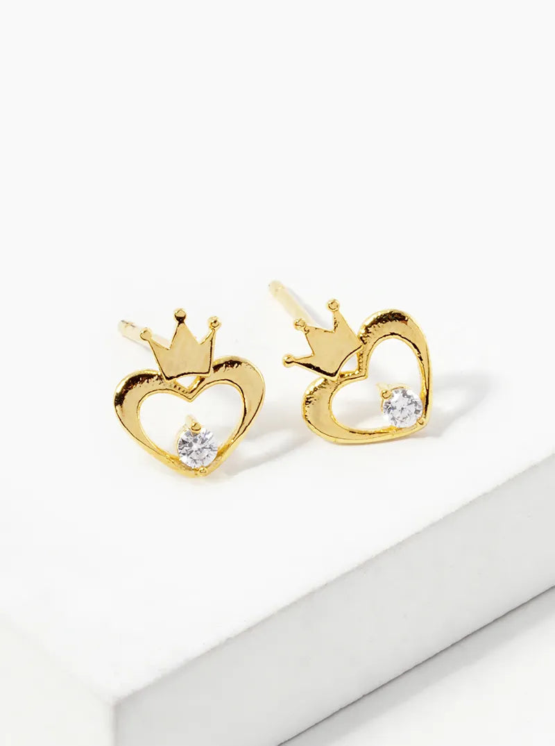 White Gold Dipped CZ Heart Crown Stud Earrings