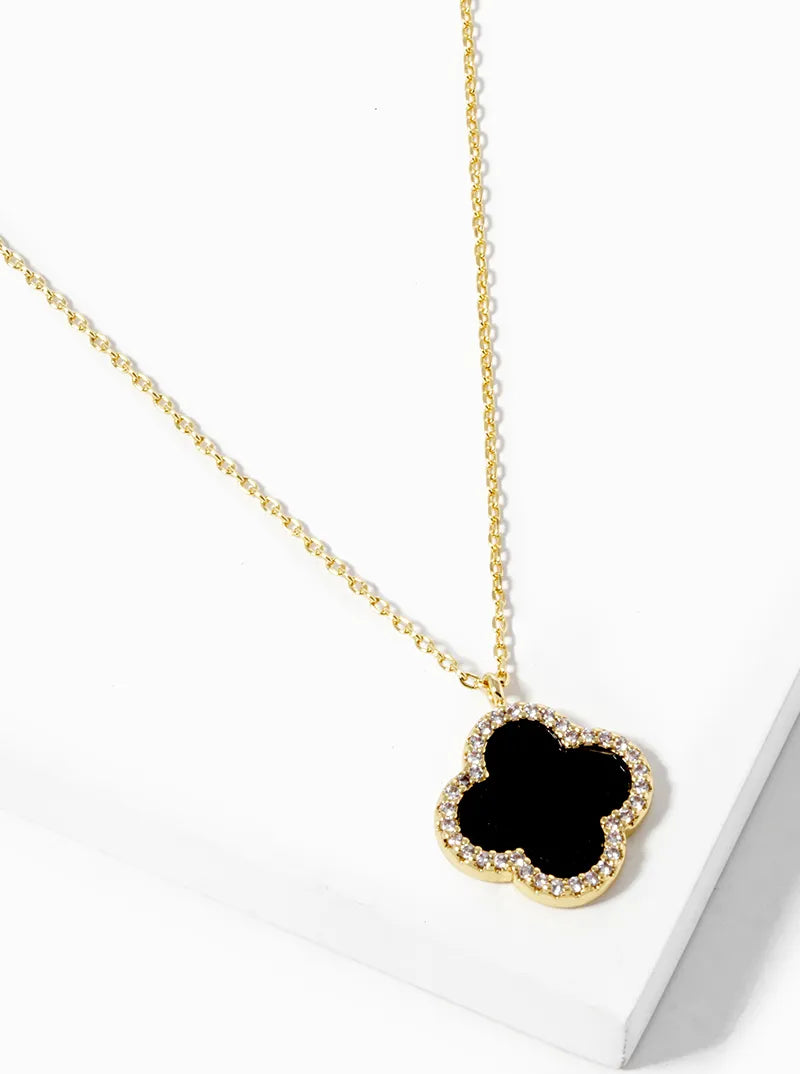 White Gold Dipped CZ Pave 15mm Quatrefoil Pendant Necklace