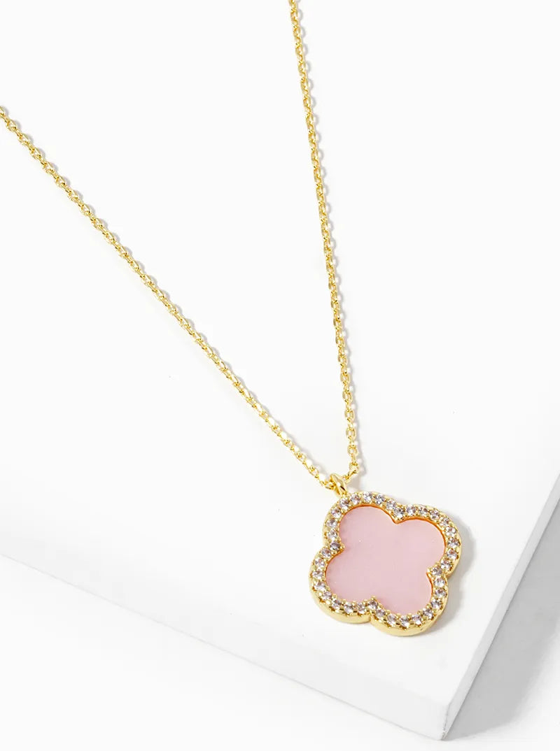 White Gold Dipped CZ Pave 15mm Quatrefoil Pendant Necklace
