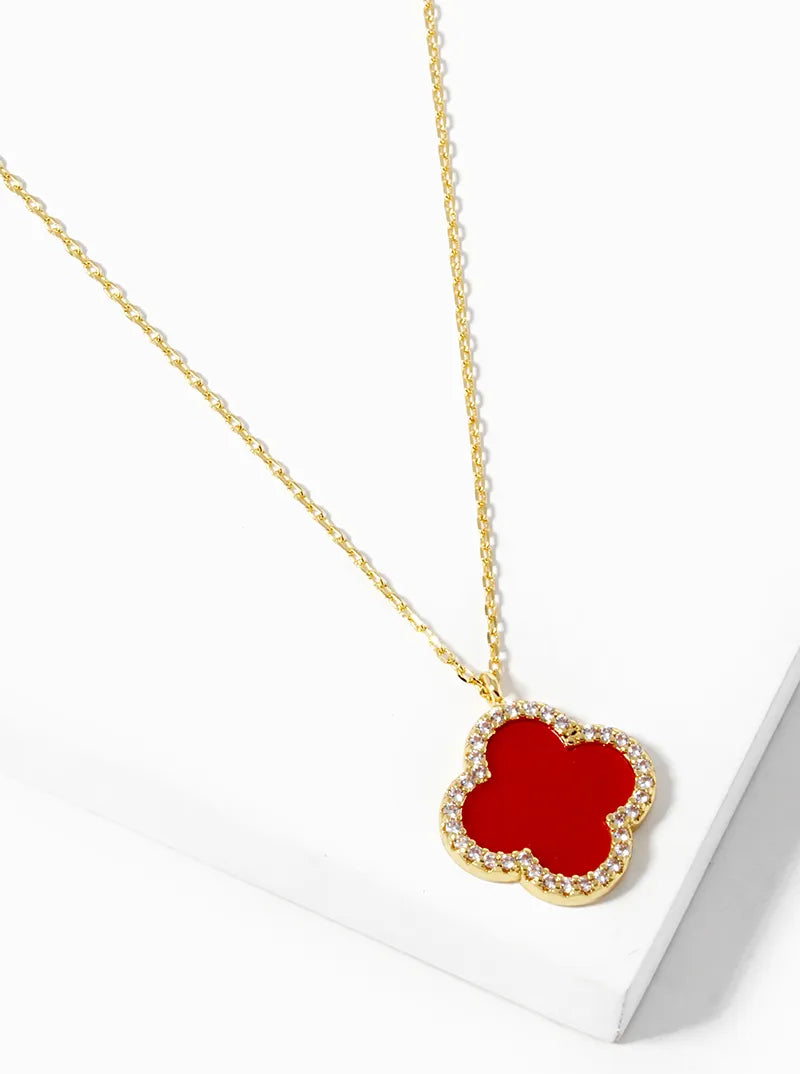 White Gold Dipped CZ Pave 15mm Quatrefoil Pendant Necklace