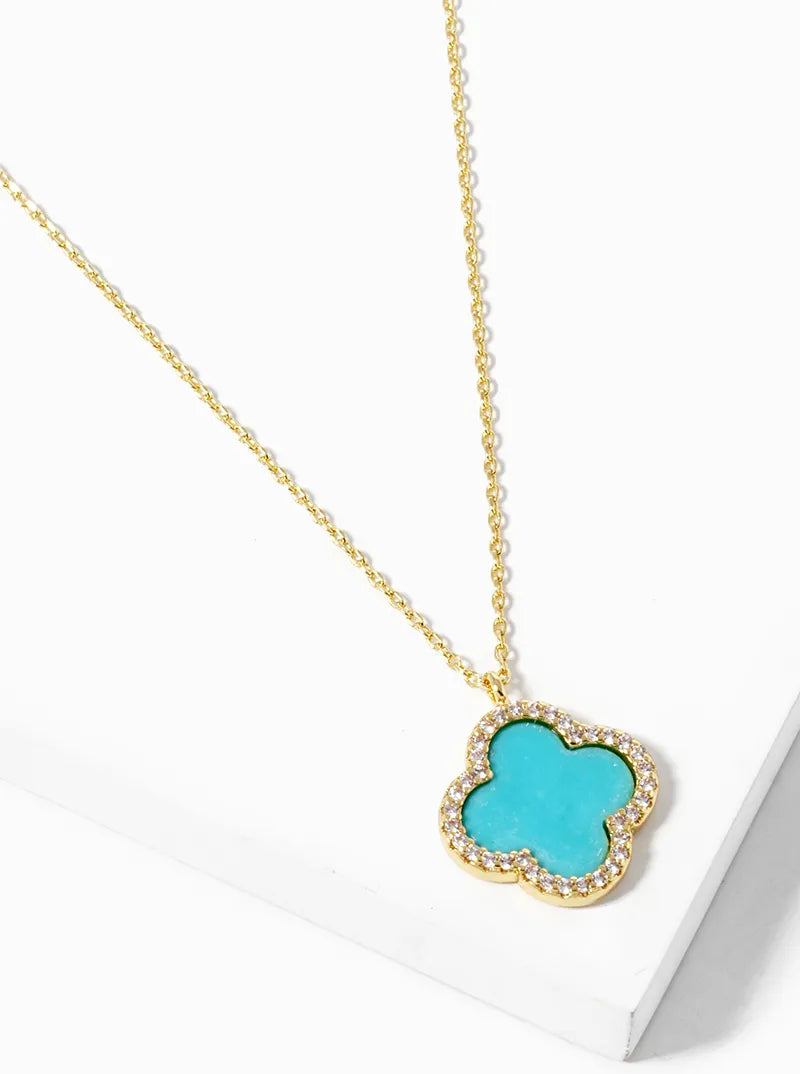 White Gold Dipped CZ Pave 15mm Quatrefoil Pendant Necklace