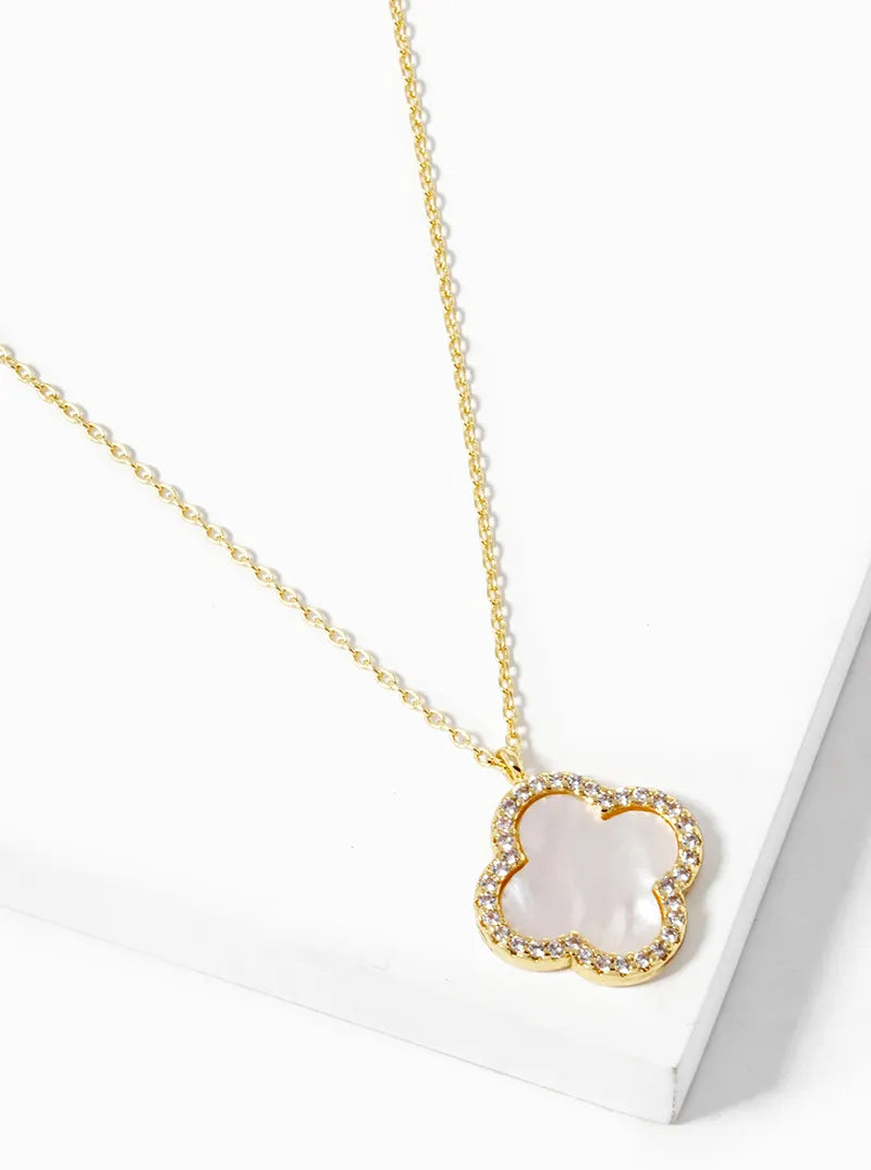 White Gold Dipped CZ Pave 15mm Quatrefoil Pendant Necklace