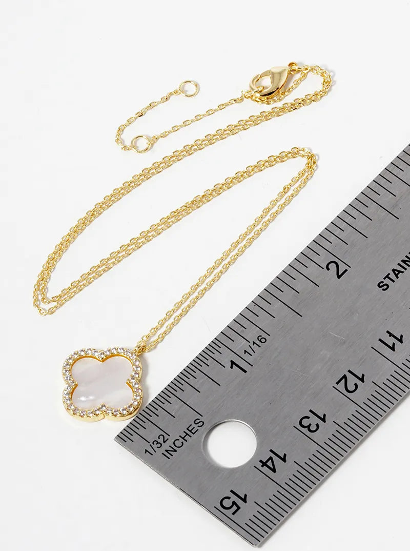18k Gold Dipped CZ Pave 15mm Quatrefoil Pendant Necklace