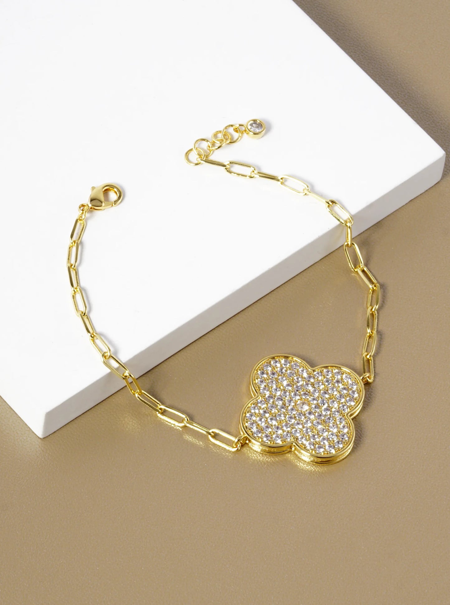 White Gold Dipped CZ Pave 25mm Quatrefoil Chain Bracelet