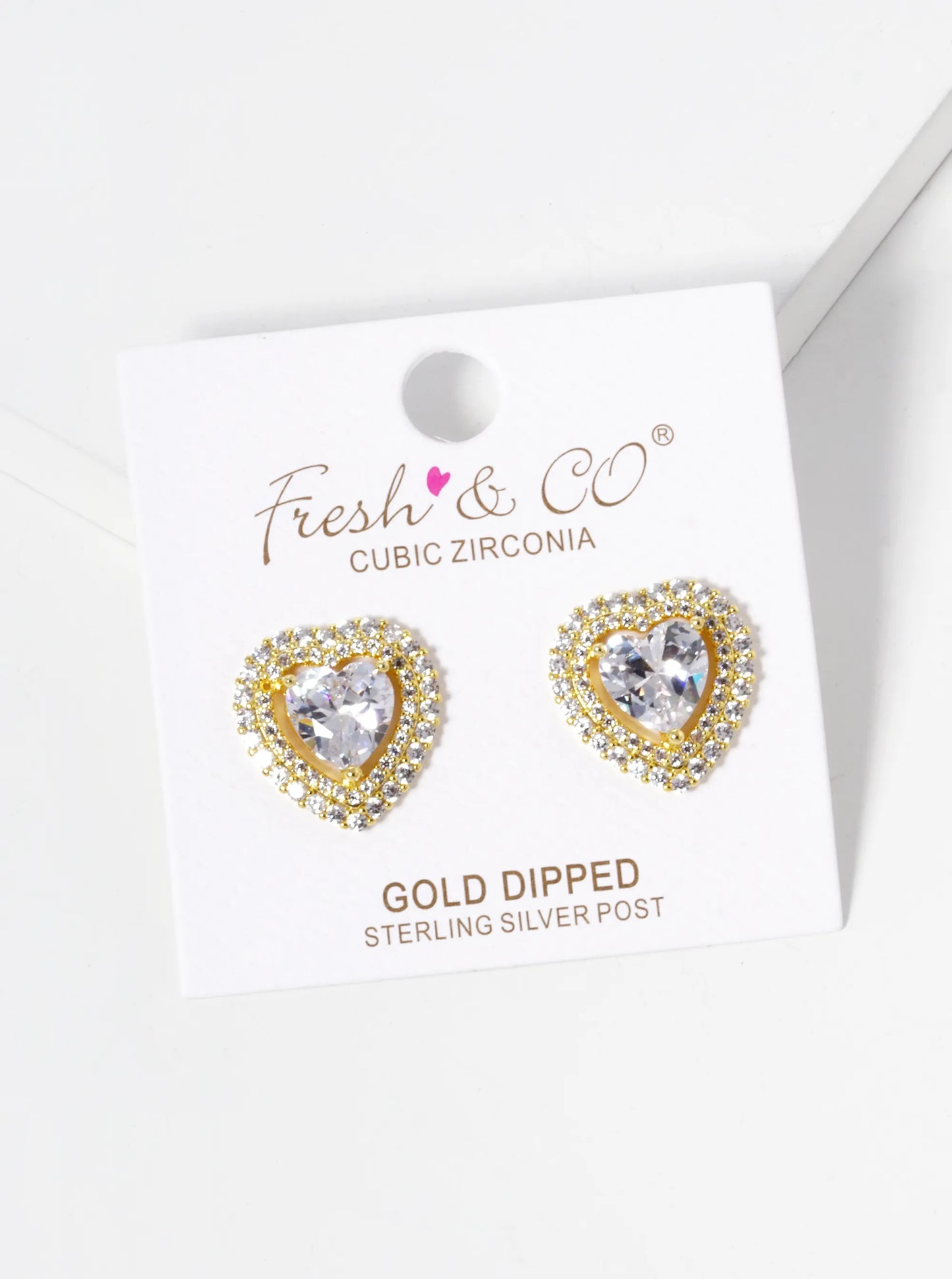 18k Gold Dipped CZ Pave 3-Prong Heart Stone Stud Earrings