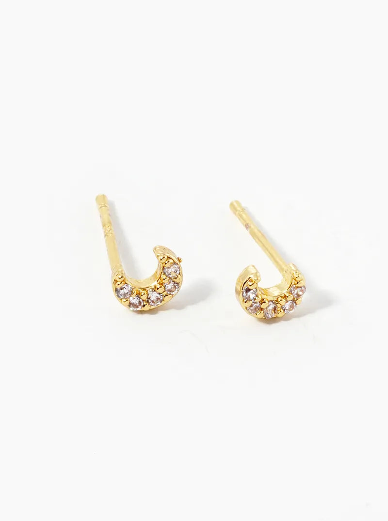 White Gold Dipped CZ Pave 4mm Dainty Moon Stud Earrings