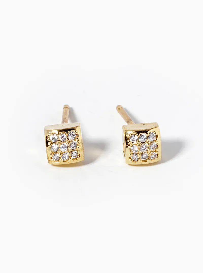 White Gold Dipped CZ Pave 4mm Square Post Stud Earrings
