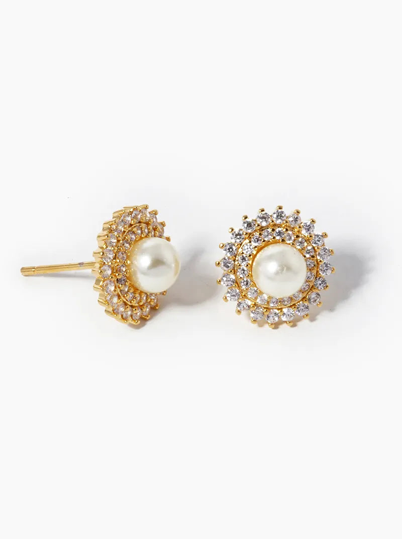 White Gold Dipped CZ Pave 5mm Pearl Stud Earrings