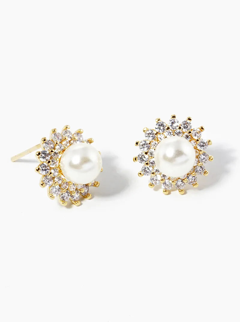 White Gold Dipped CZ Pave 6mm Pearl Post Stud Earrings
