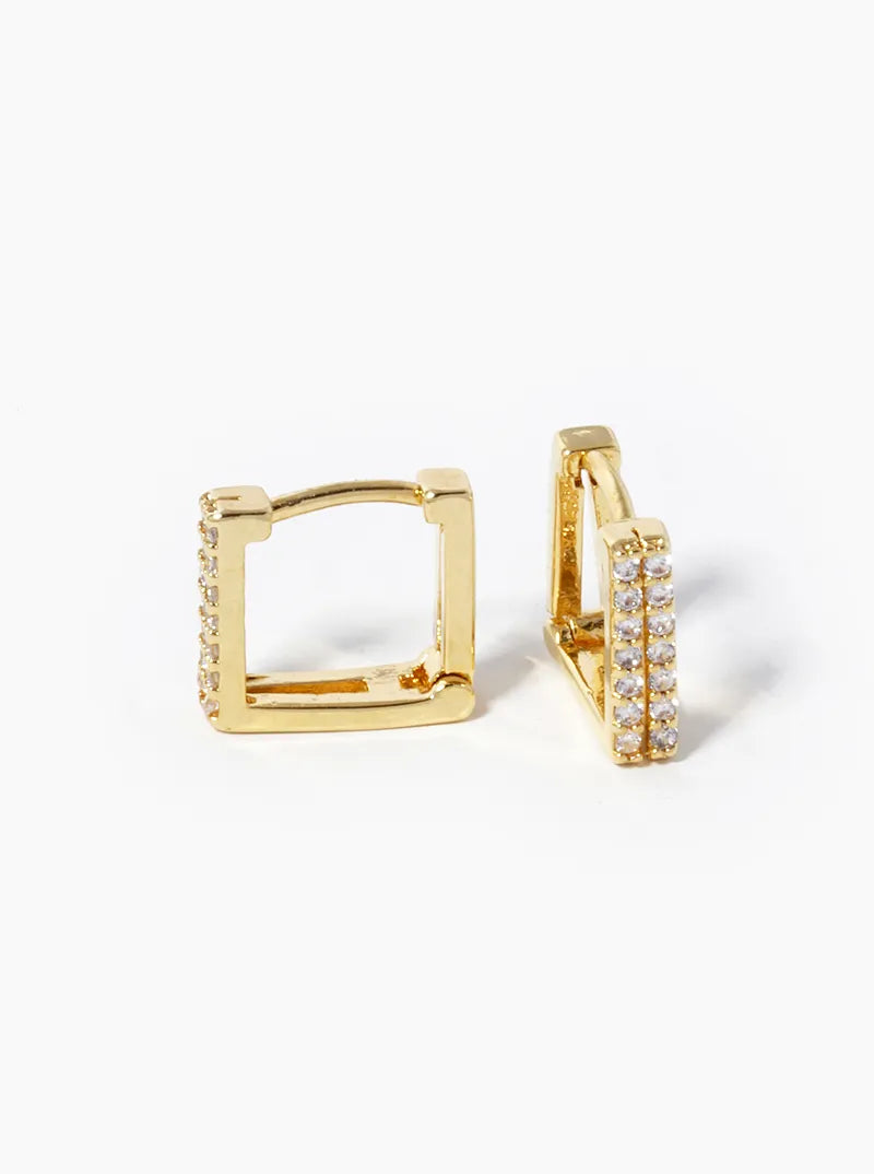 White Gold Dipped CZ Pave 9mm Square Huggie Hoop Earrings