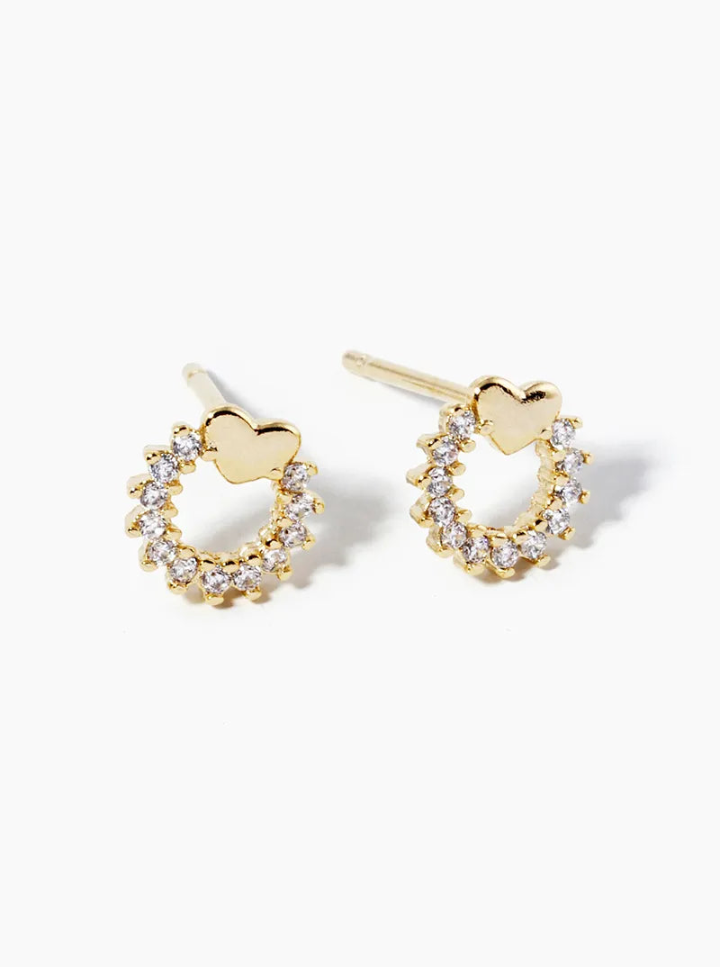 White Gold Dipped CZ Pave Circle With Heart Post Stud Earrings