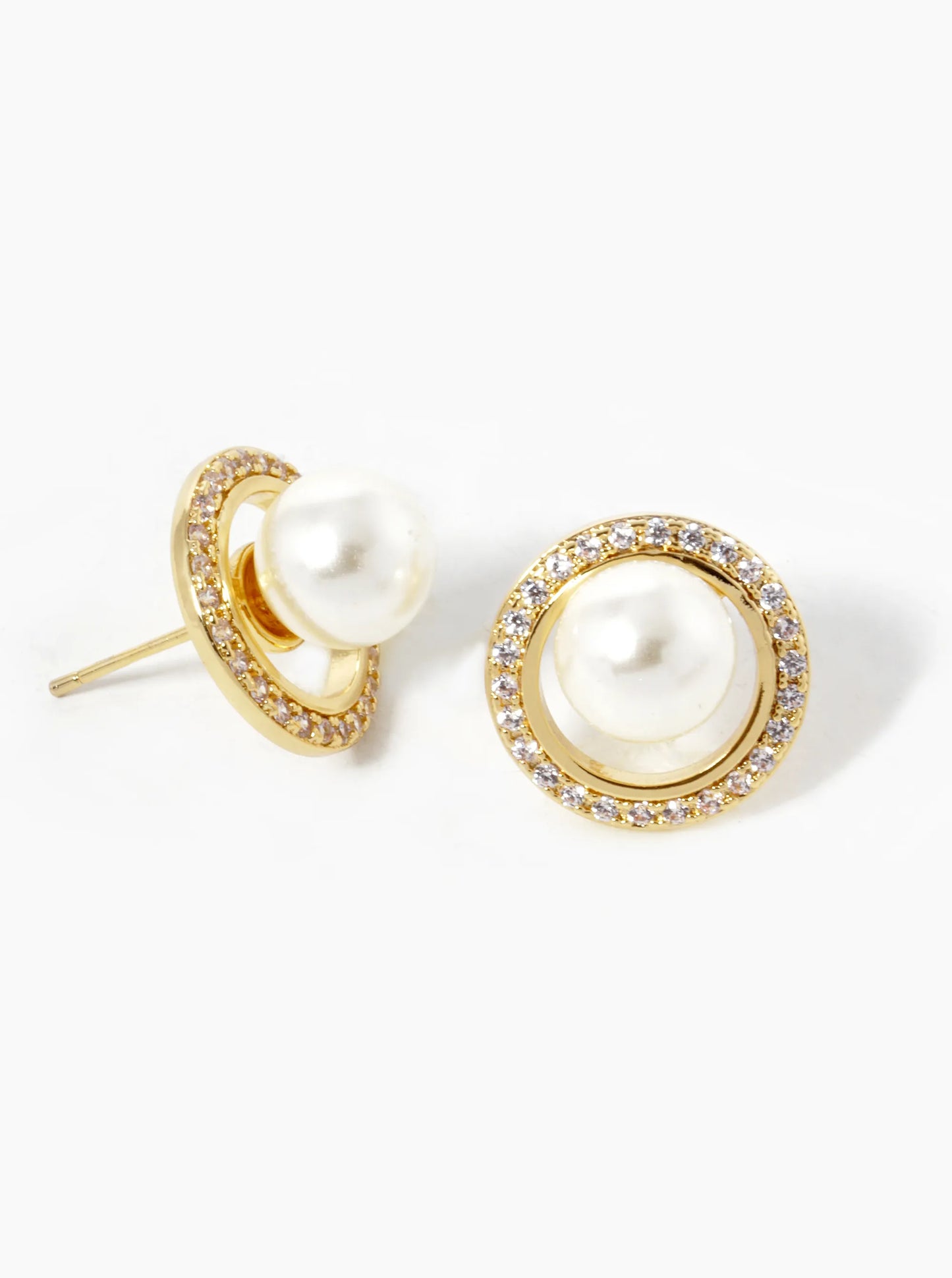 White Gold Dipped CZ Pave Circle With Pearl Stud Earrings