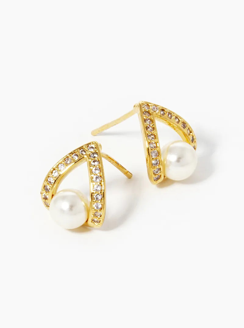 White Gold Dipped CZ Pave Curved Teardrop Stud Earrings