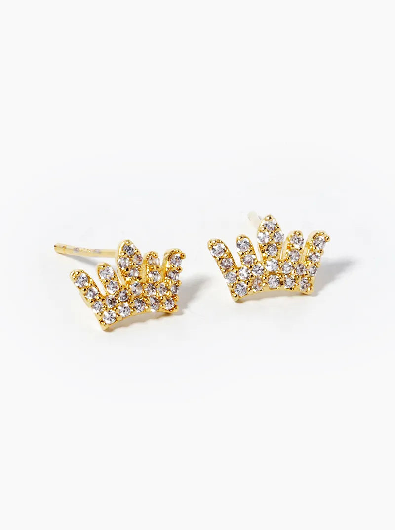 White Gold Dipped CZ Pave Dainty Crown Stud Earrings
