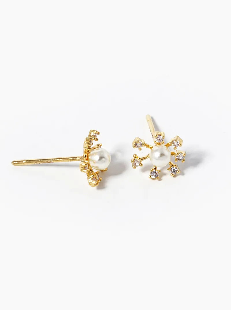White Gold Dipped CZ Pave Dainty Pearl Flower Stud Earrings